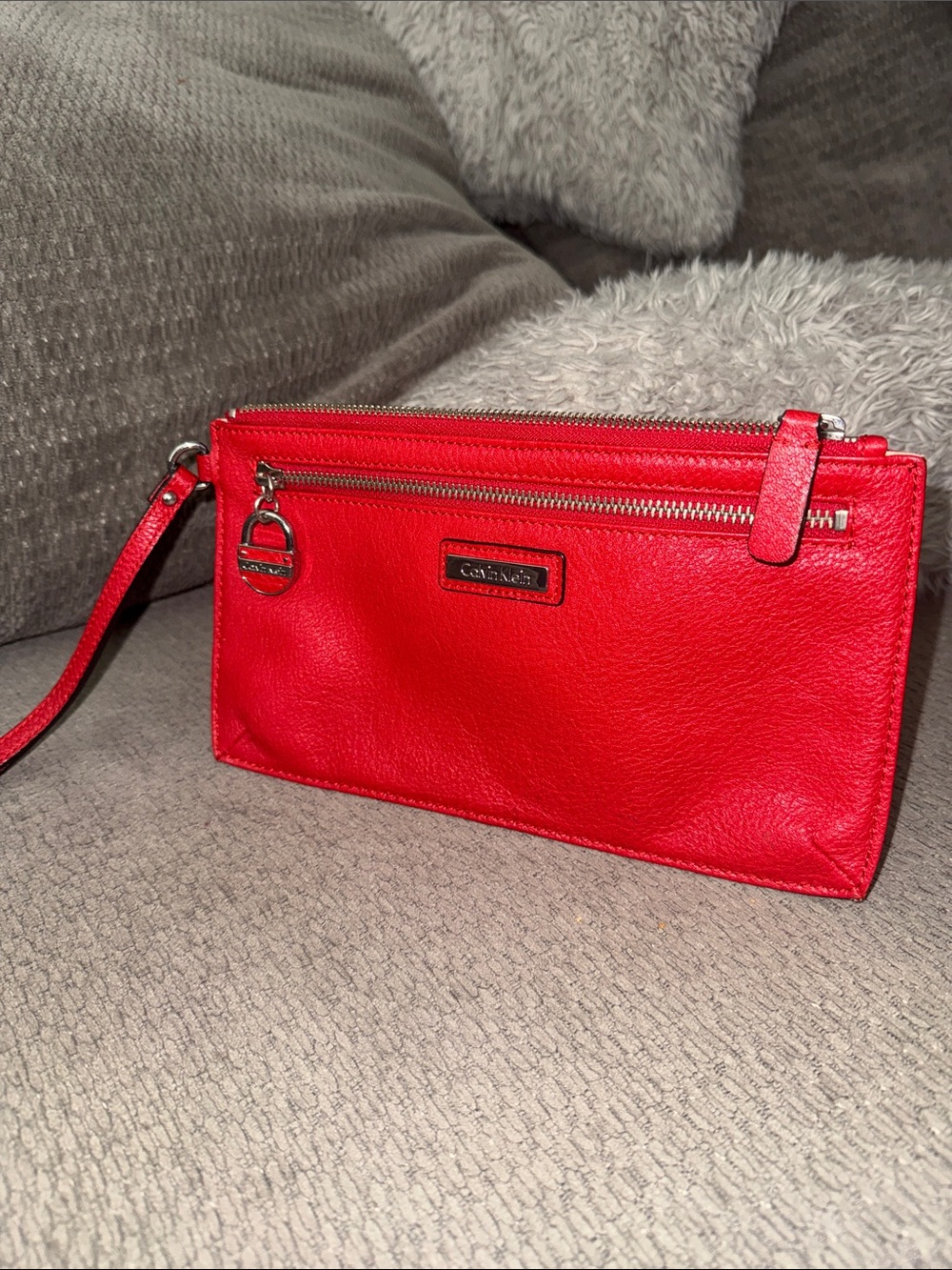 Calvin Klein Red Leather Zip Wristlet with Silver Hardware